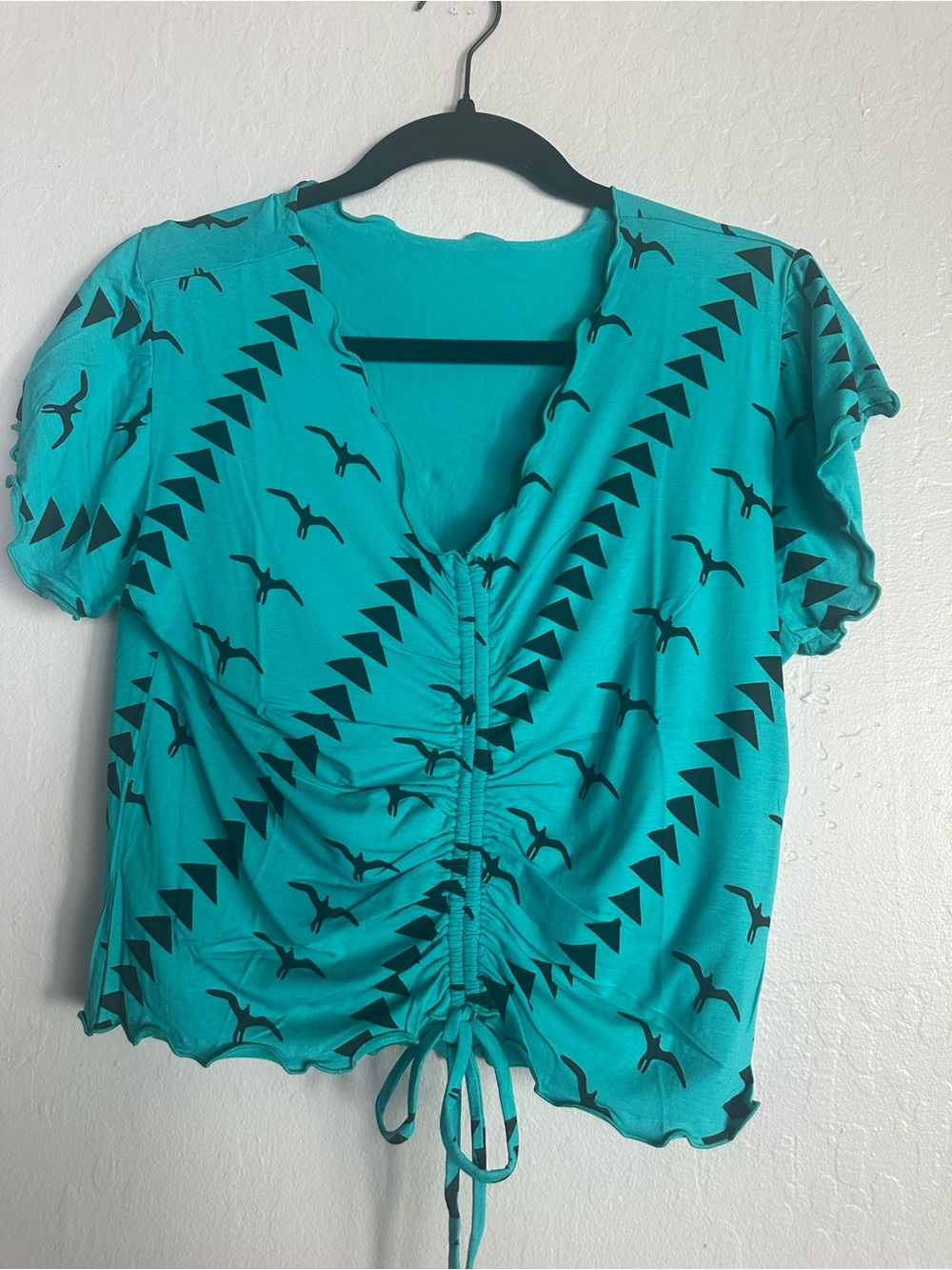 Women’s Turquoise Drawstring Ruched V-Neck Top